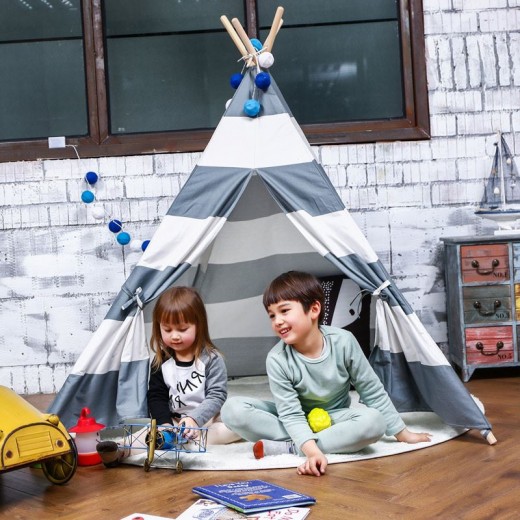 Play Tent For Kids Canvas Cotton Material Stripe Pattern Tipi Tent For Children Playhouse Indoor Teepee For Both Boys & Girls